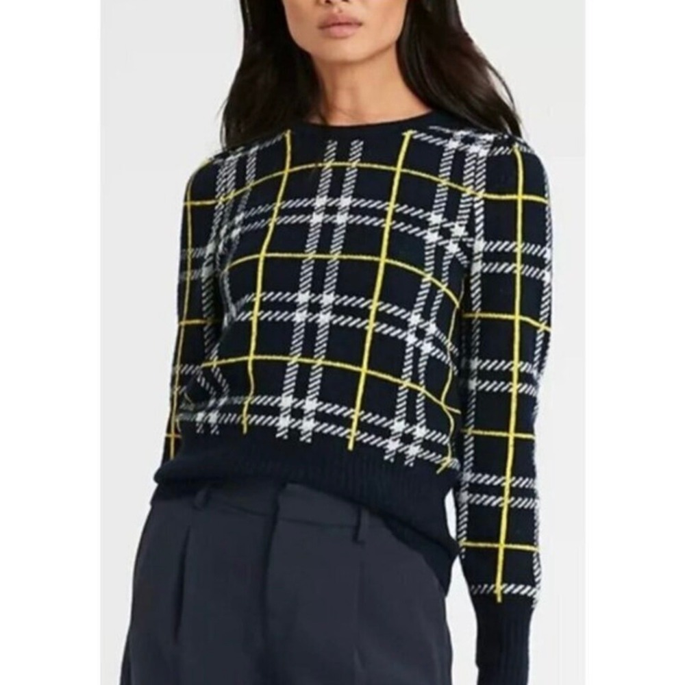 Banana‎ Republic Navy Blue Plaid Aire Puff Sleeve Wool Blend Sweater Size Medium